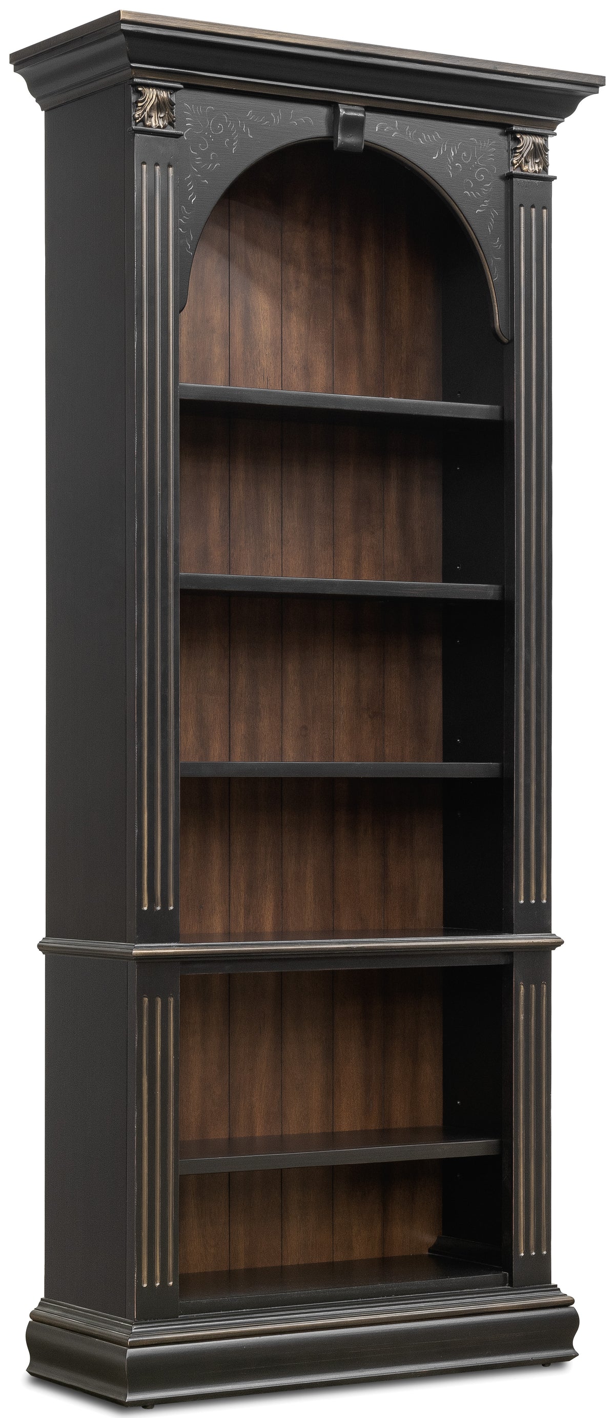 a black bookcase with a gold trim