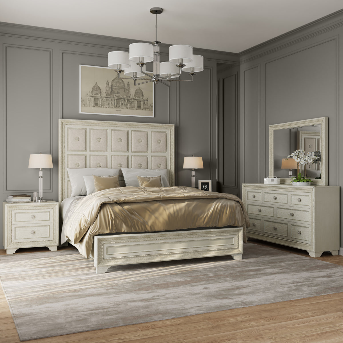 a bedroom with a bed and dressers