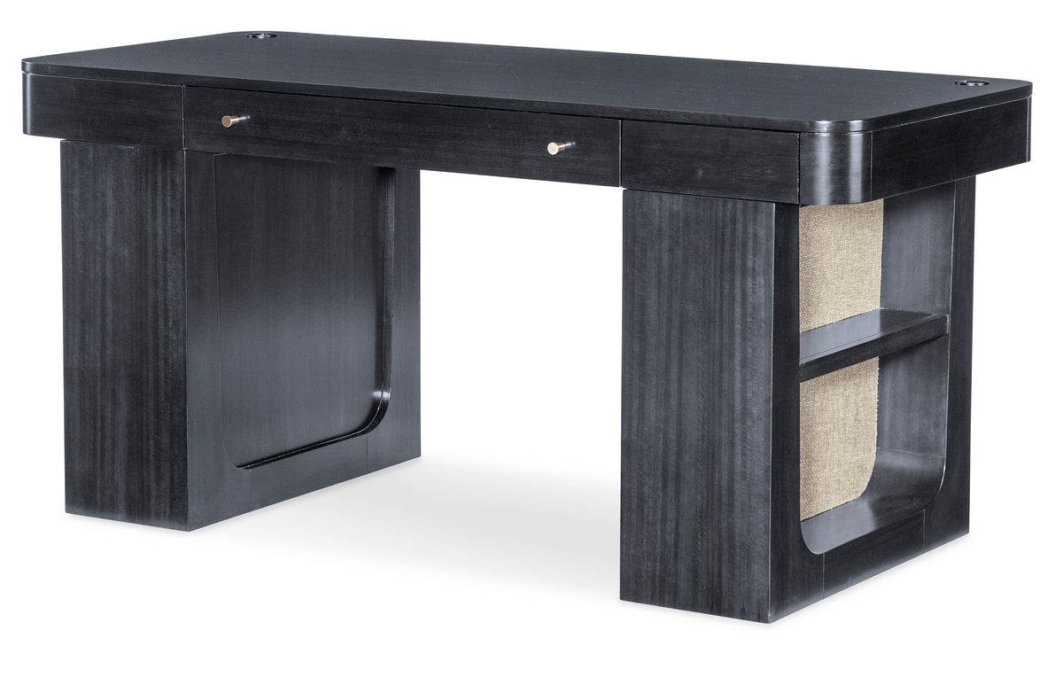 a black desk with a shelf