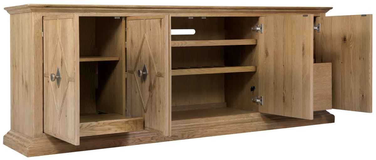 a wooden cabinet with open shelves