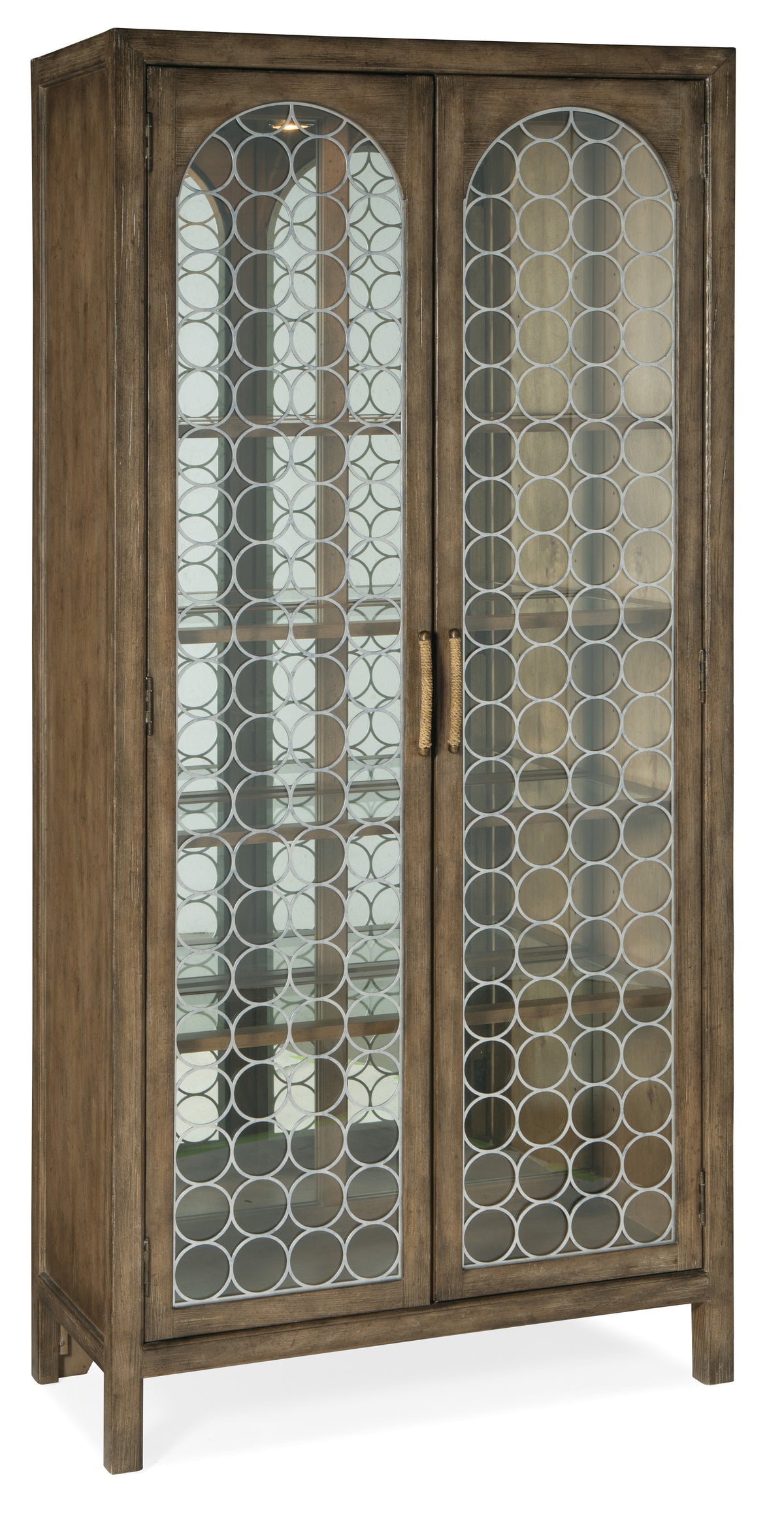 a wooden cabinet with glass doors