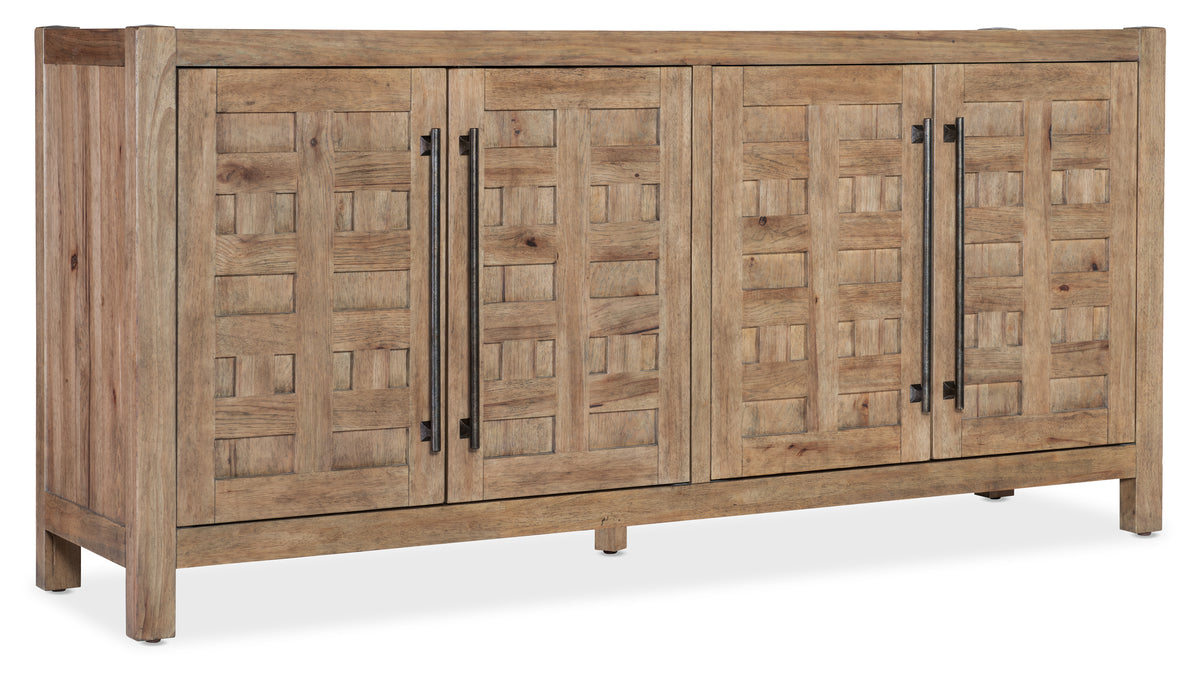 a wooden cabinet with metal handles