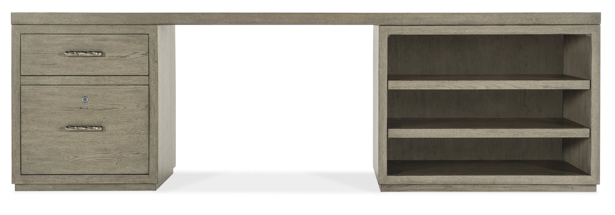 a desk with shelves on top