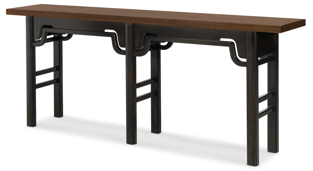 a table with a wooden top