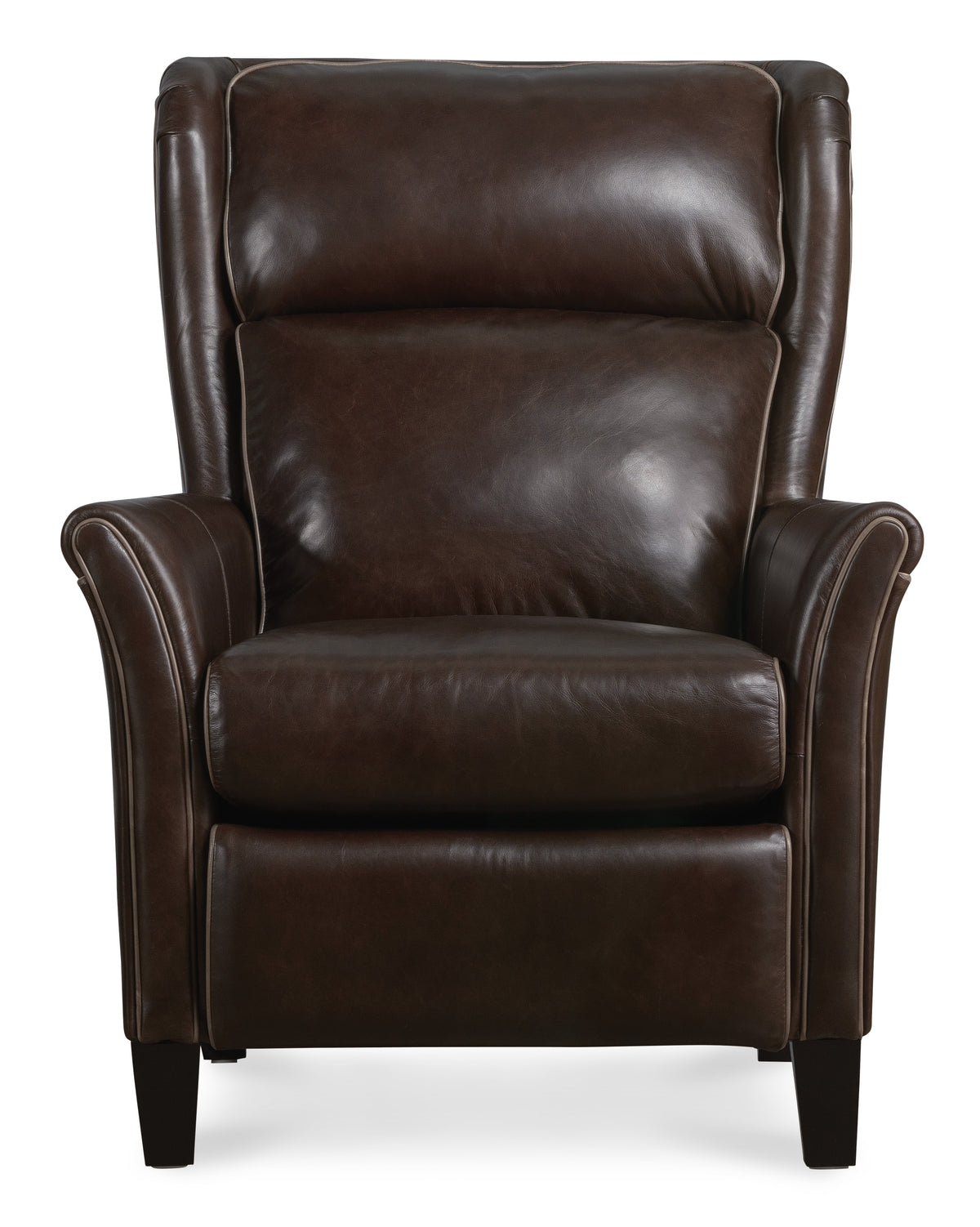 a brown leather chair with wooden legs