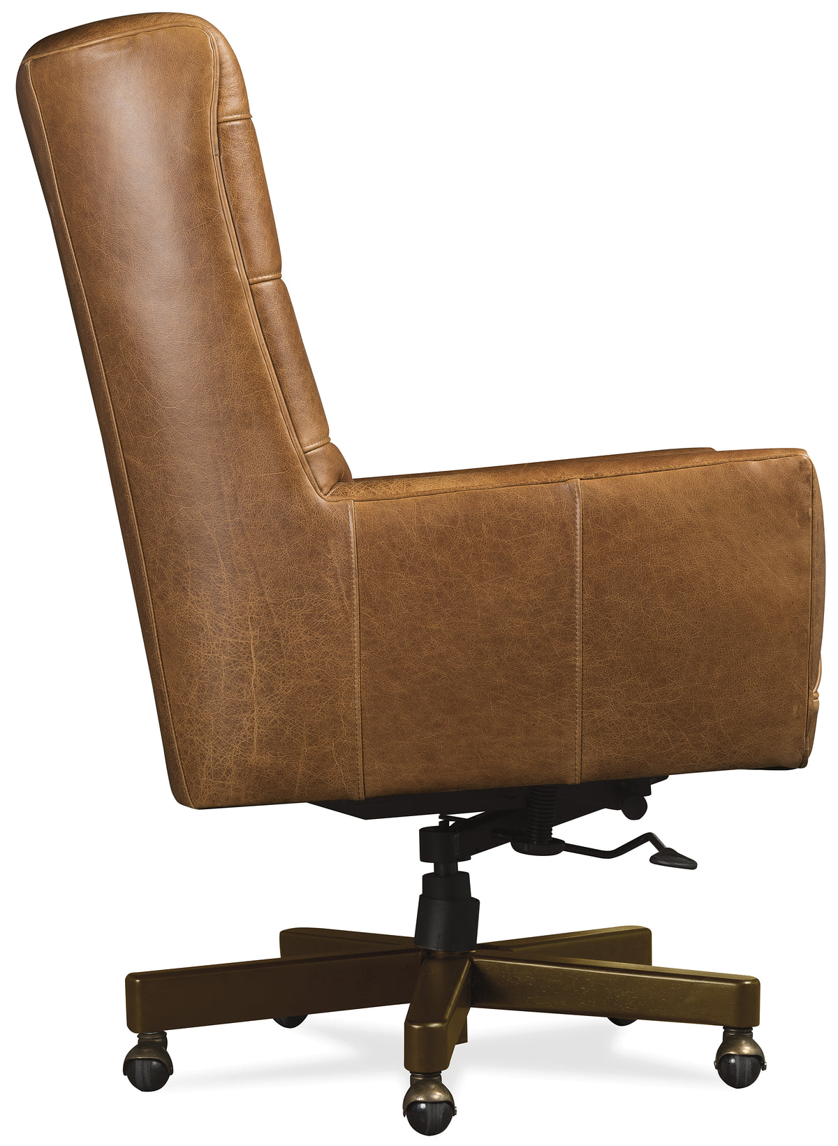 a brown leather chair with a metal base