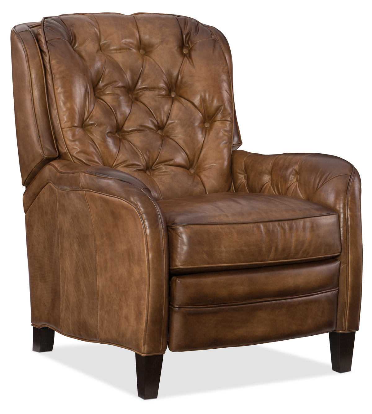 a brown leather chair with wooden legs