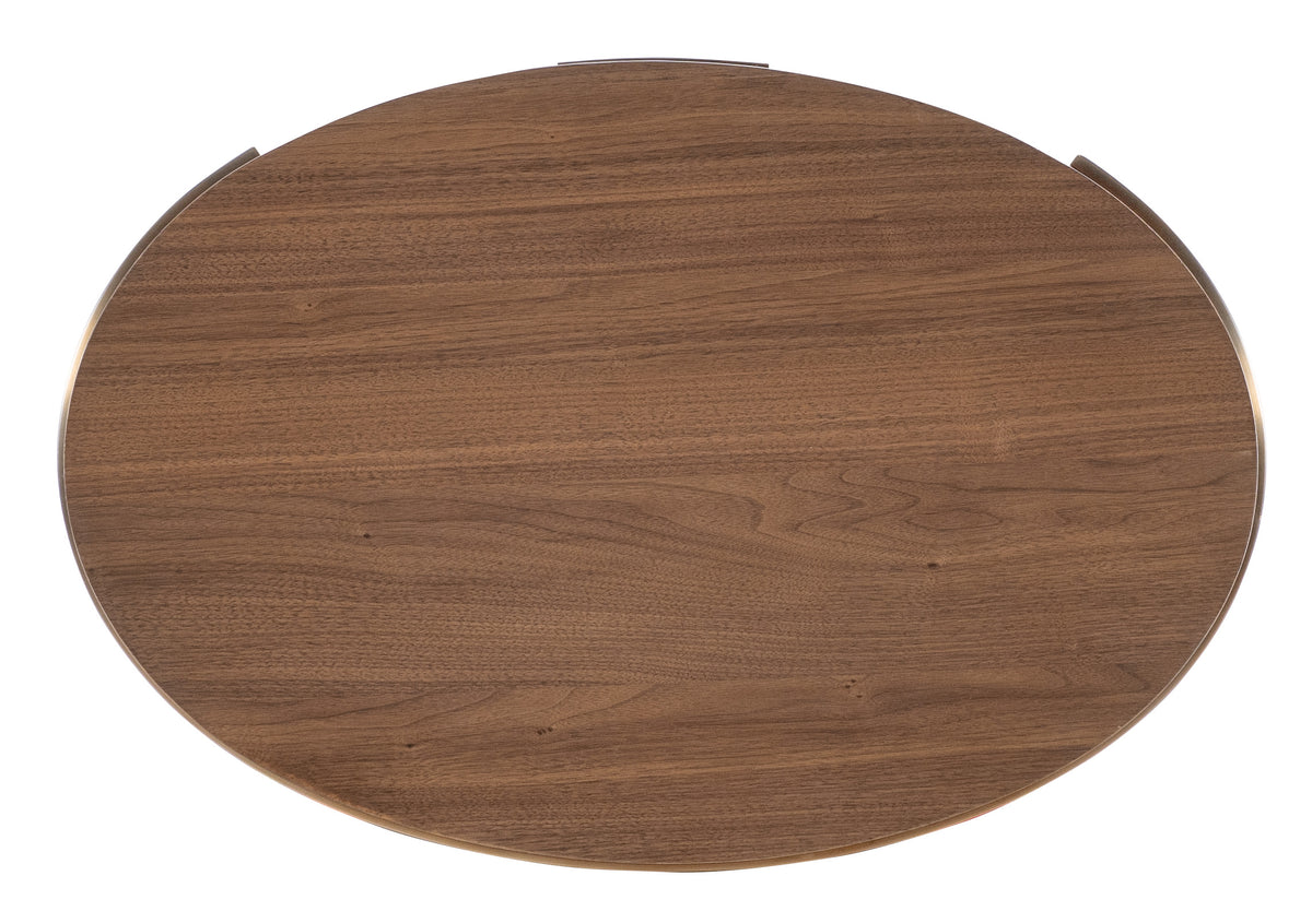 a wooden table with metal handles