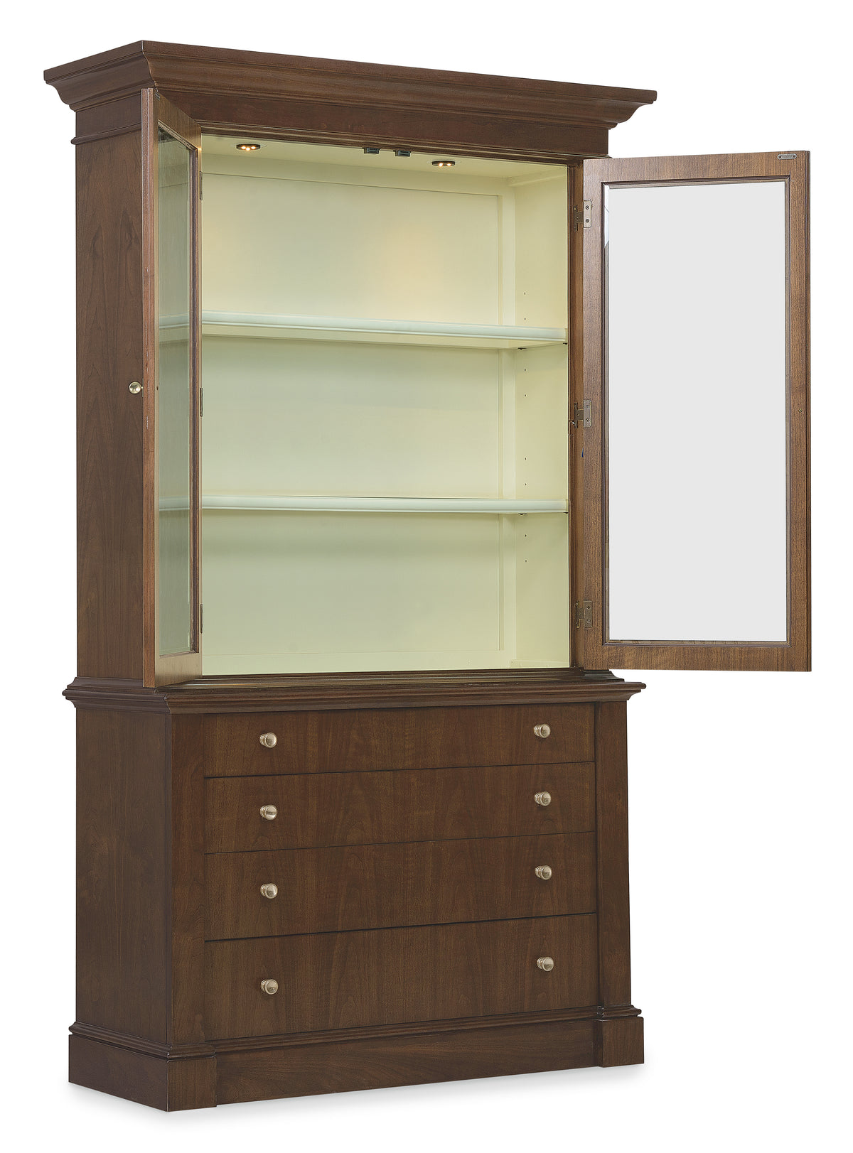 a brown cabinet with a glass door