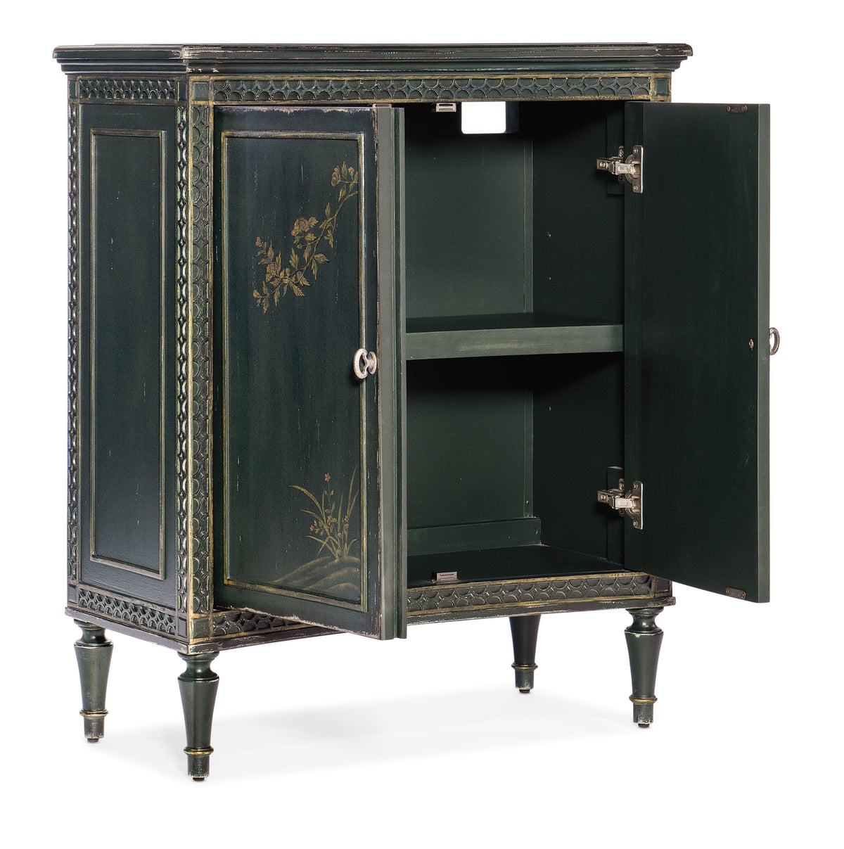a black cabinet with a gold trim