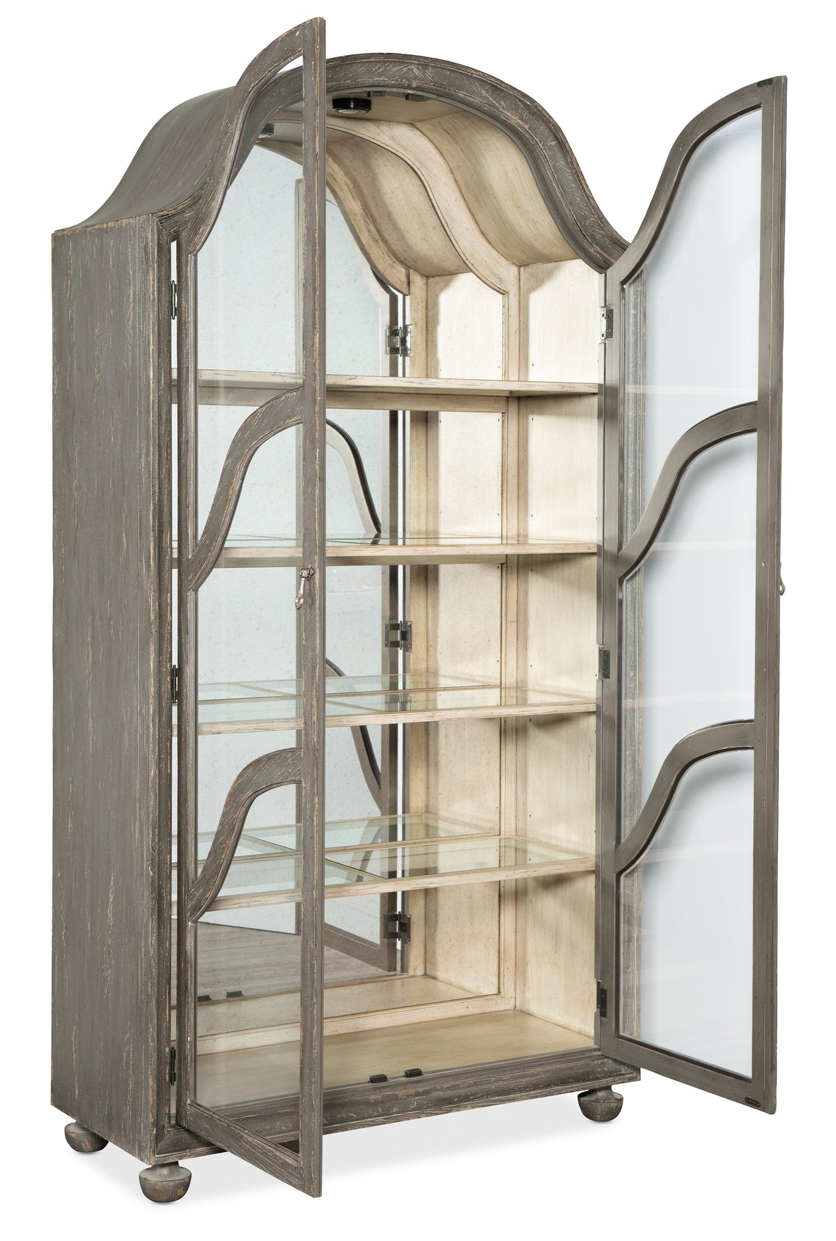 a wooden cabinet with glass shelves