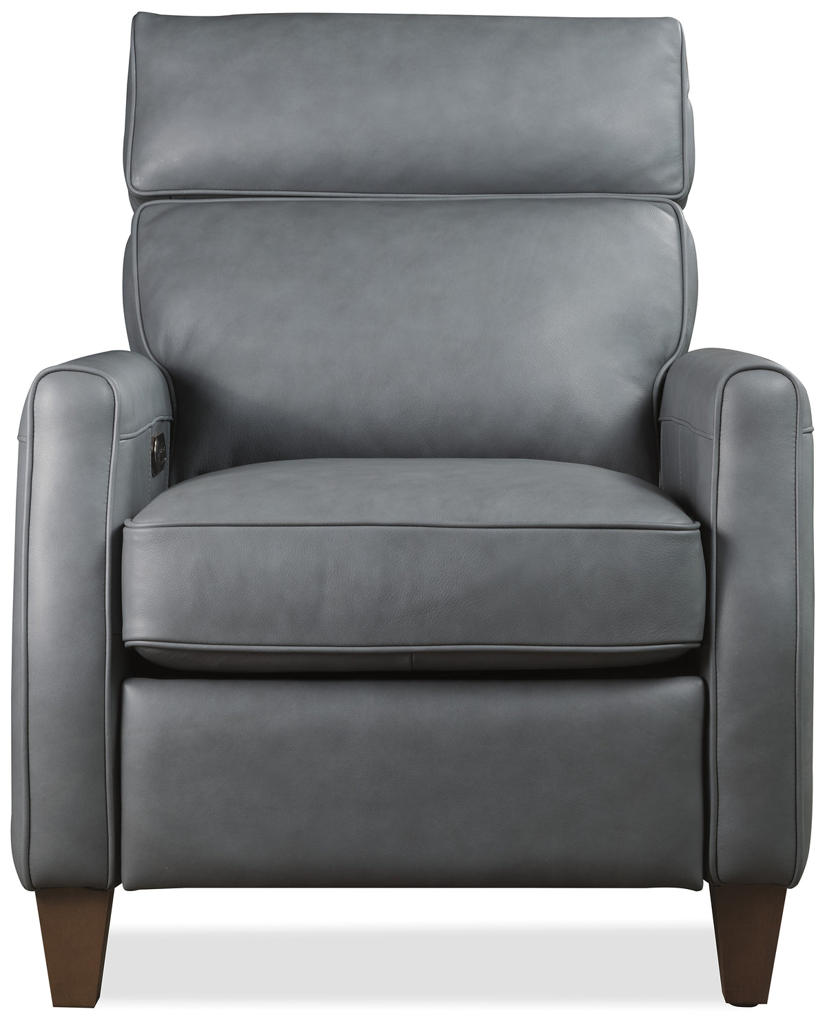 a grey leather chair with wooden legs