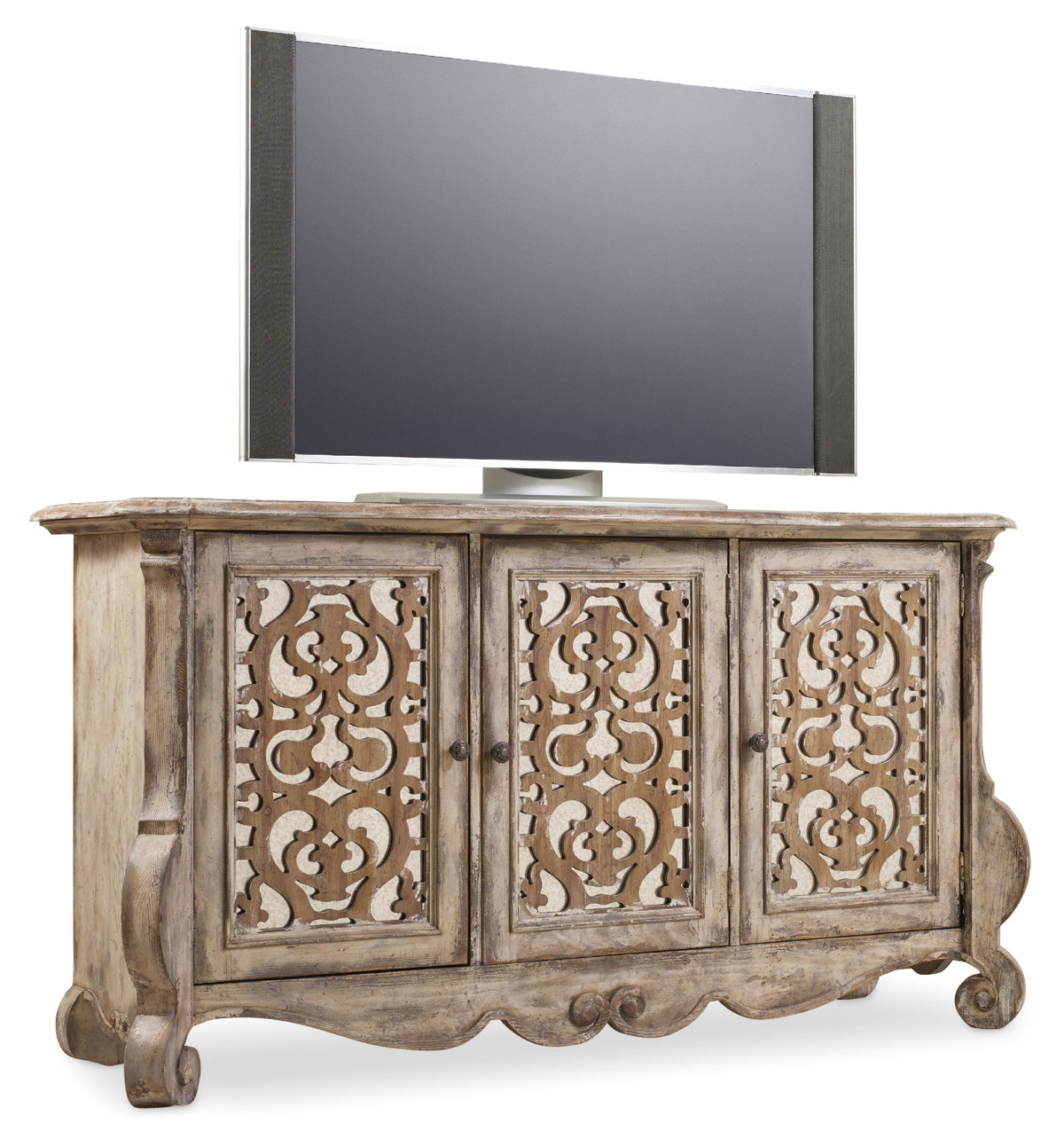 a tv on a wooden cabinet
