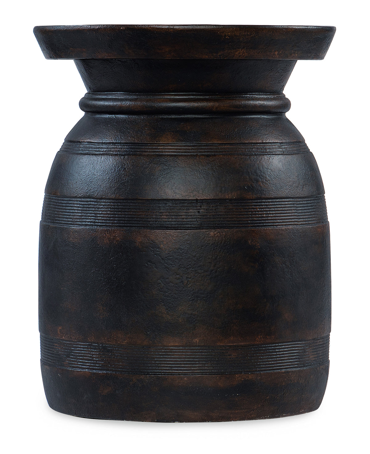 a black vase with a round top