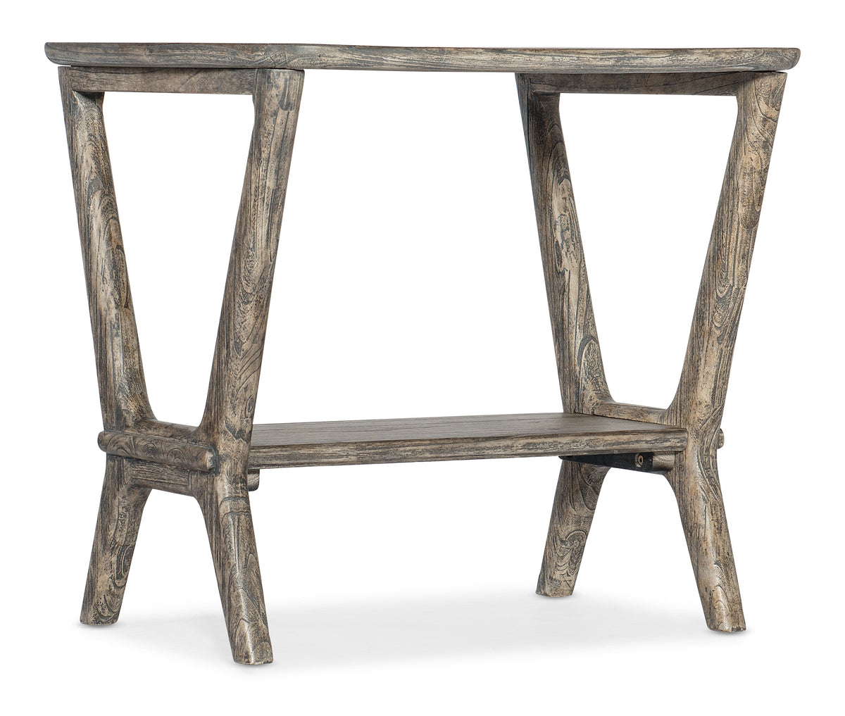 a wooden table with a shelf