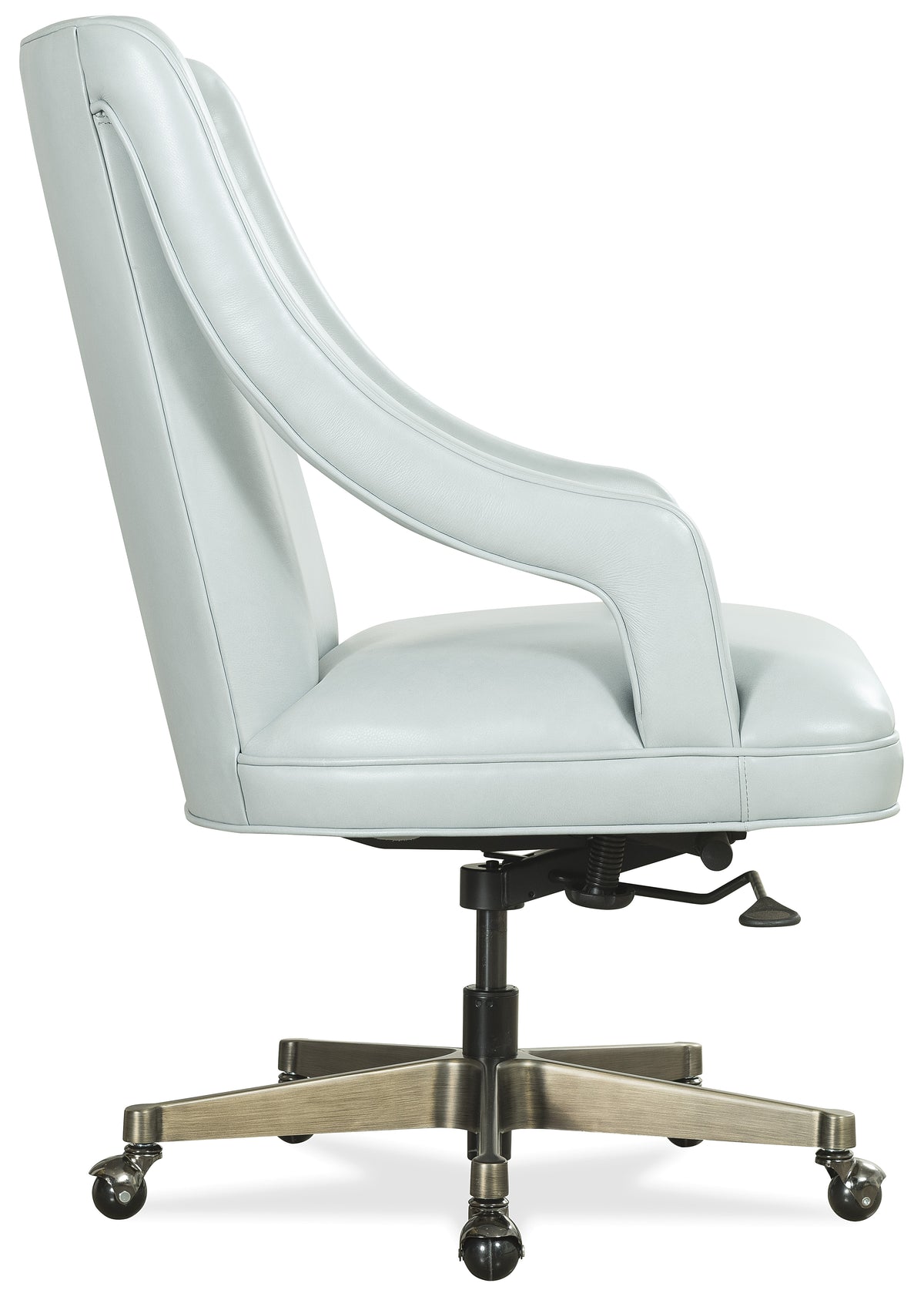 a white leather chair with metal legs