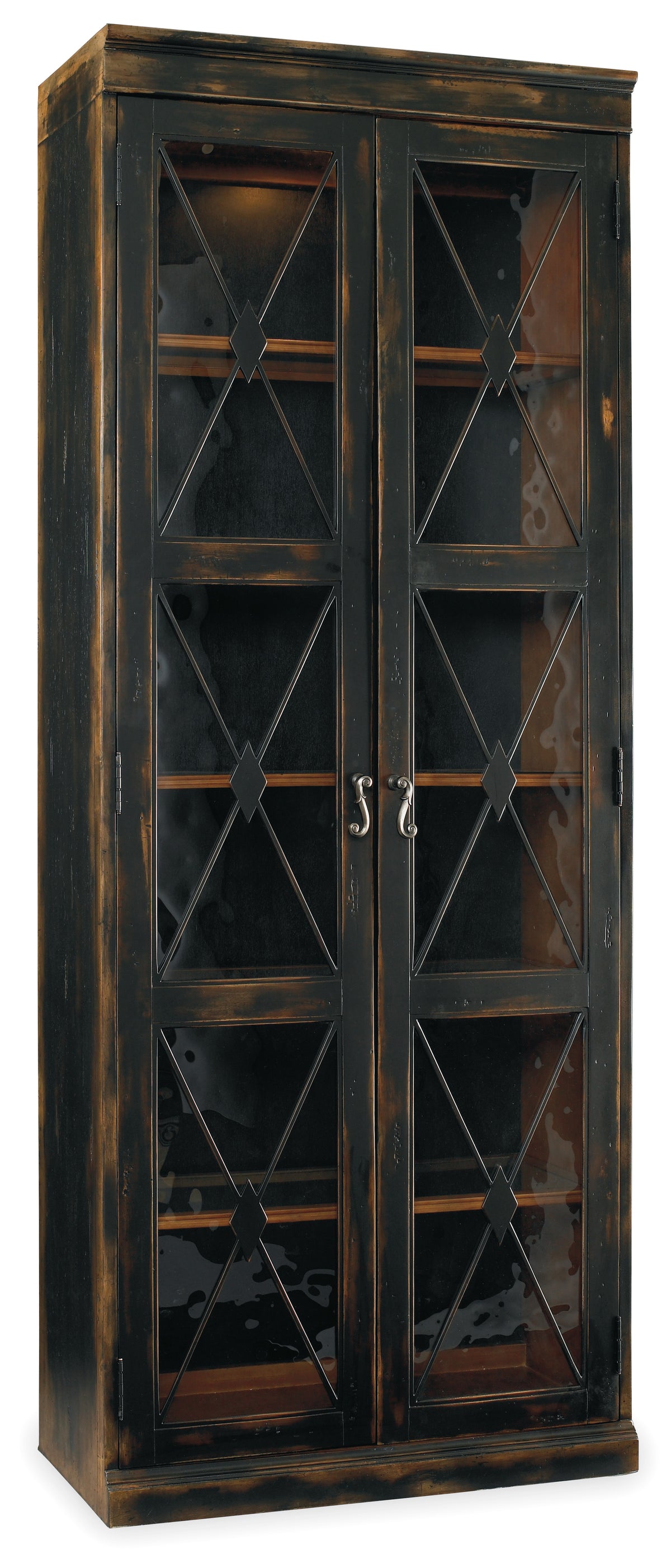 a black cabinet with glass doors